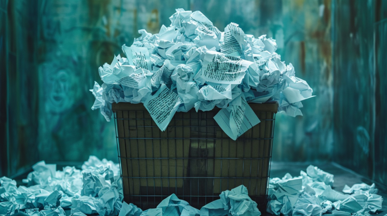 Resume being ignored, resume killers symbolized by trash-can full of papers.